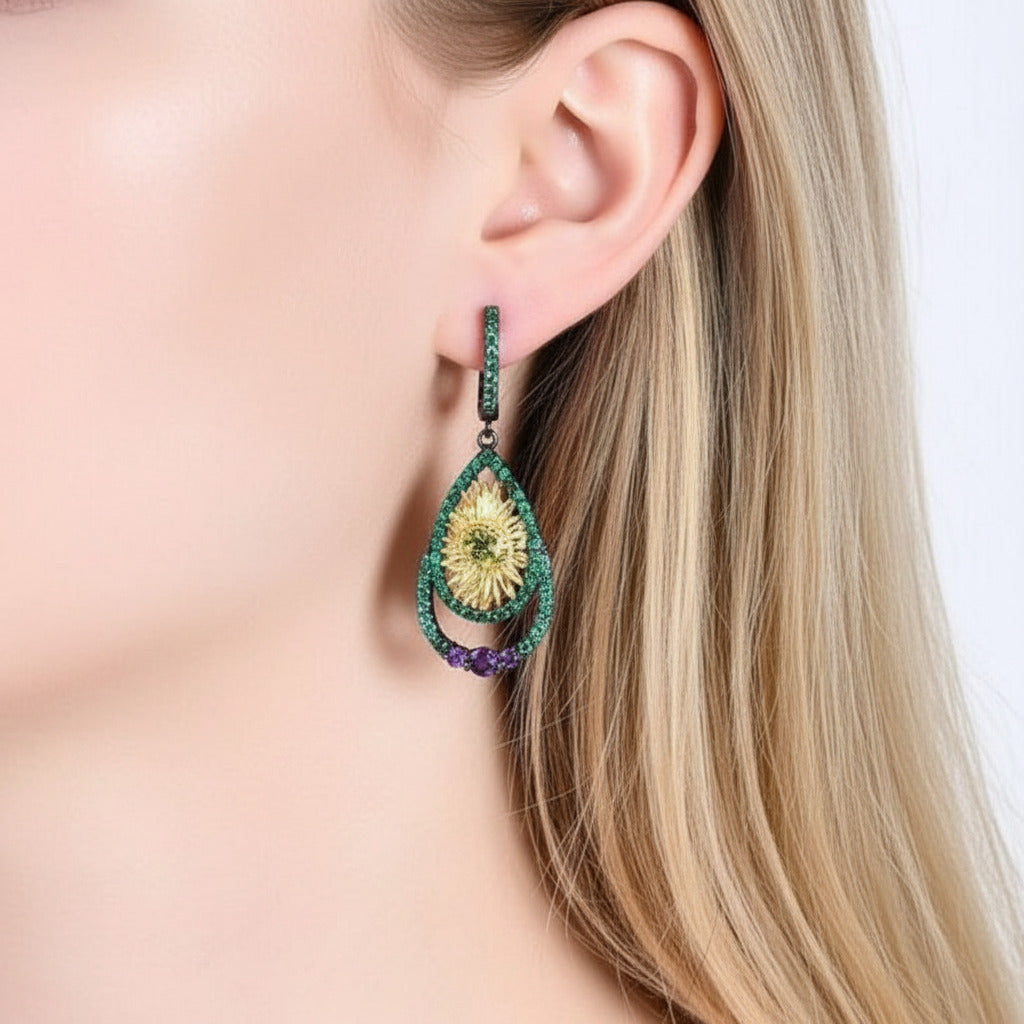 Sun Flower Handmade Flower Dangle Earrings-Black Diamonds New York