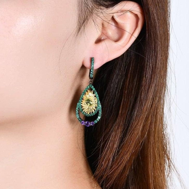 Sun Flower Handmade Flower Dangle Earrings-Black Diamonds New York