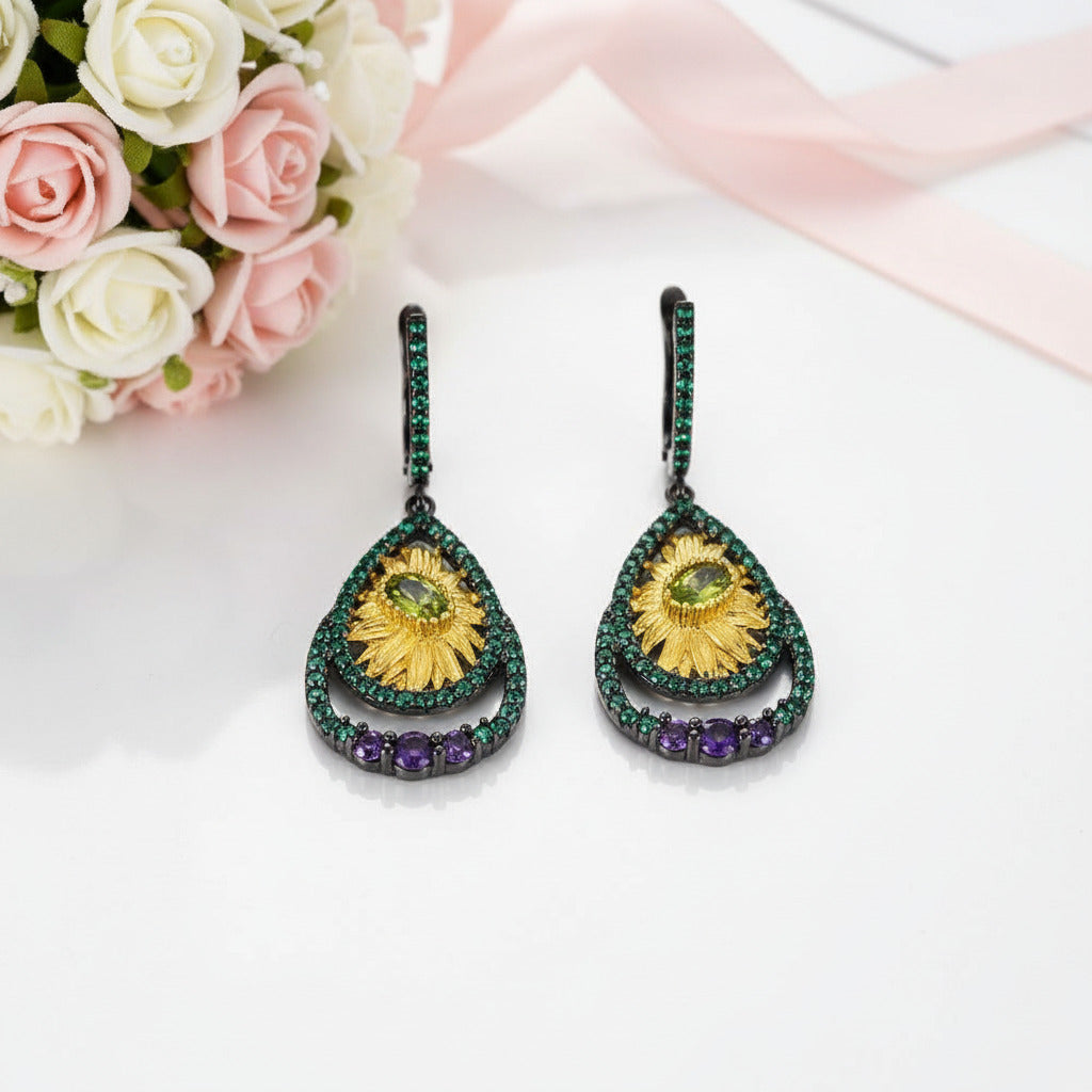 Sun Flower Handmade Flower Dangle Earrings-Black Diamonds New York