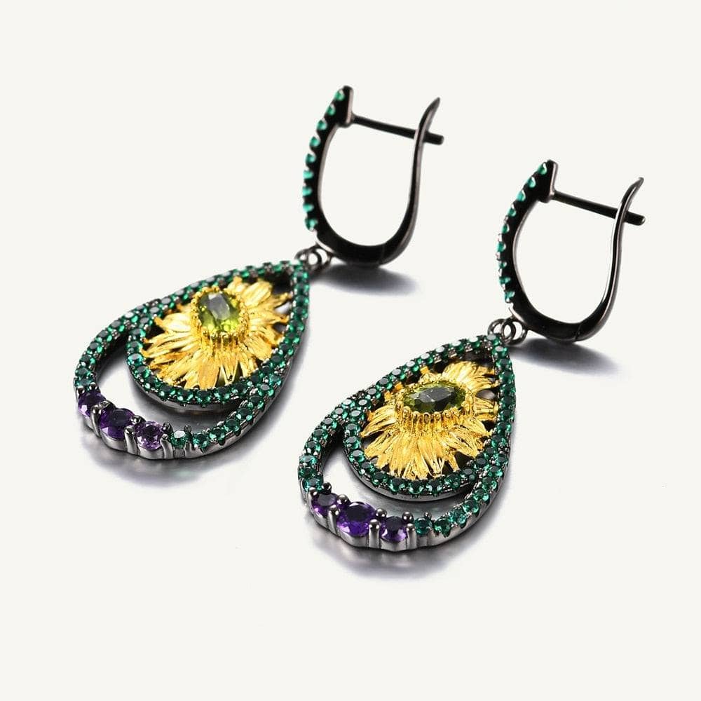 Sun Flower Handmade Flower Dangle Earrings-Black Diamonds New York
