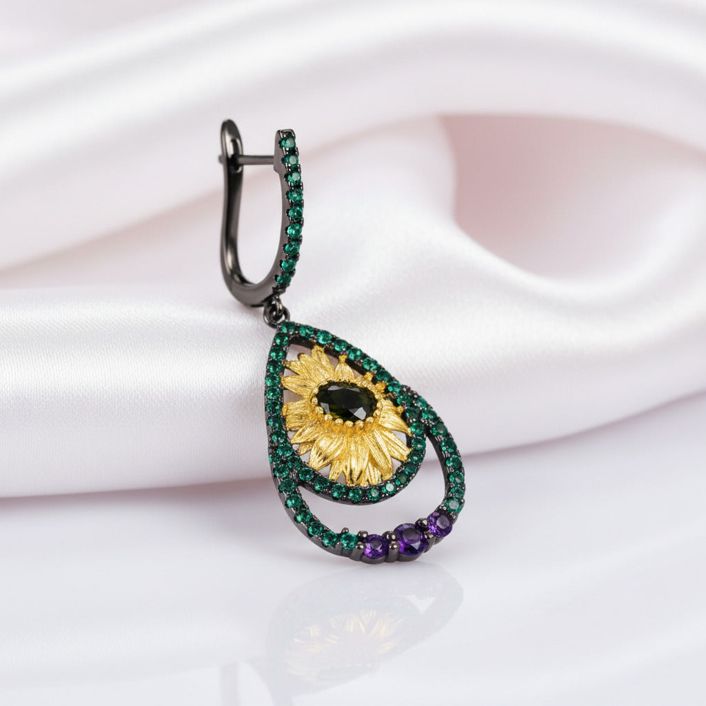 Sun Flower Handmade Flower Dangle Earrings-Black Diamonds New York