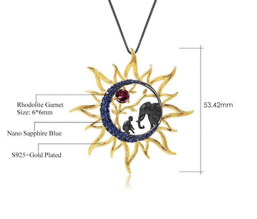 Sun Moon Elephant Natural Rhodolite Garnet Pendant Necklace-Black Diamonds New York