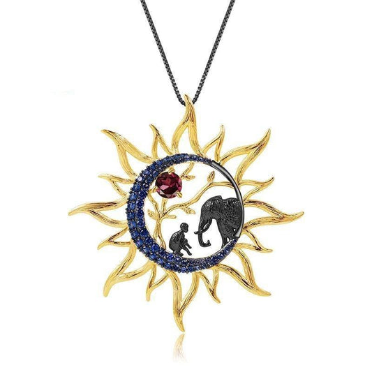 Sun Moon Elephant Natural Rhodolite Garnet Pendant Necklace - Black Diamonds New York
