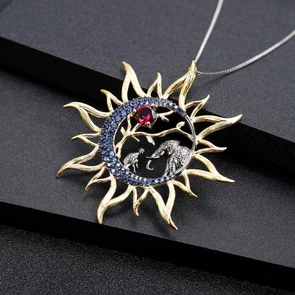 Sun Moon Elephant Natural Rhodolite Garnet Pendant Necklace-Black Diamonds New York