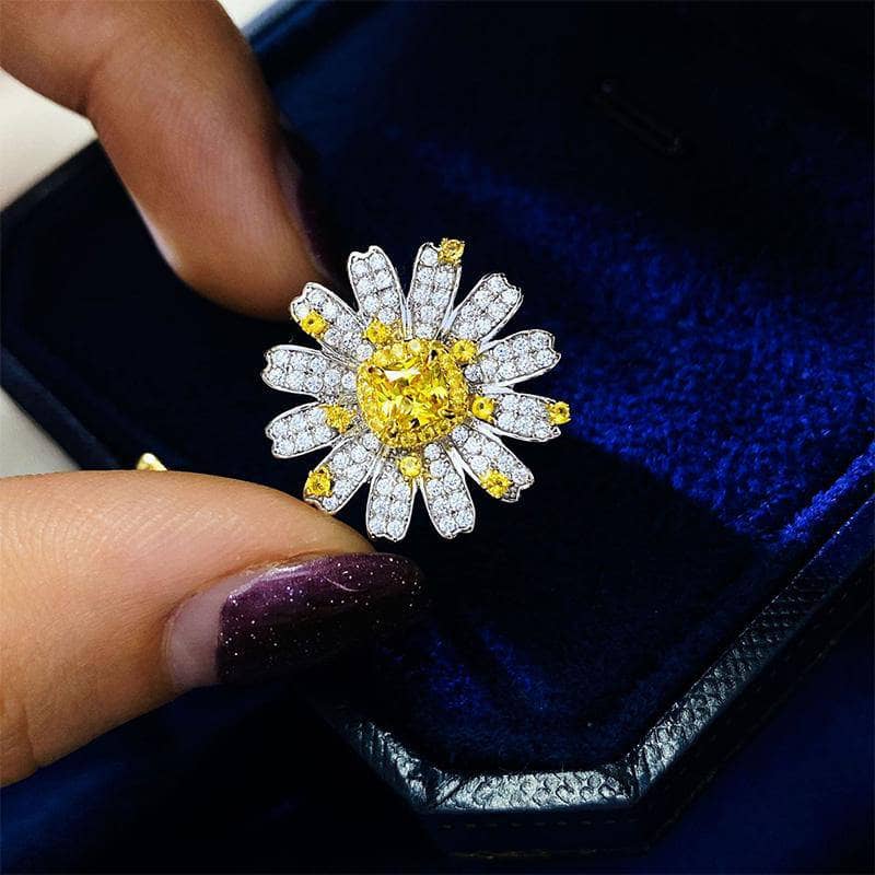 Sunflower Design Cushion Cut Promise Ring-Black Diamonds New York