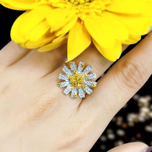 Sunflower Design Cushion Cut Promise Ring - Black Diamonds New York