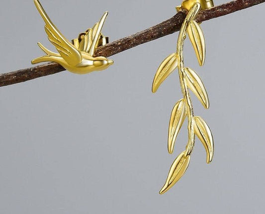 Swallow & Willow Branches Asymmetrical Dangle Earrings-Black Diamonds New York