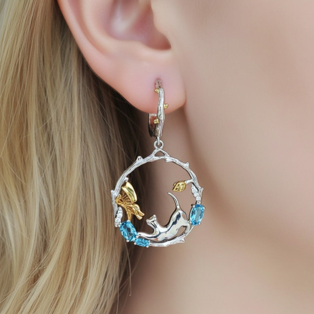Swiss Blue Topaz Cat and Cupid Drop Earrings-Black Diamonds New York