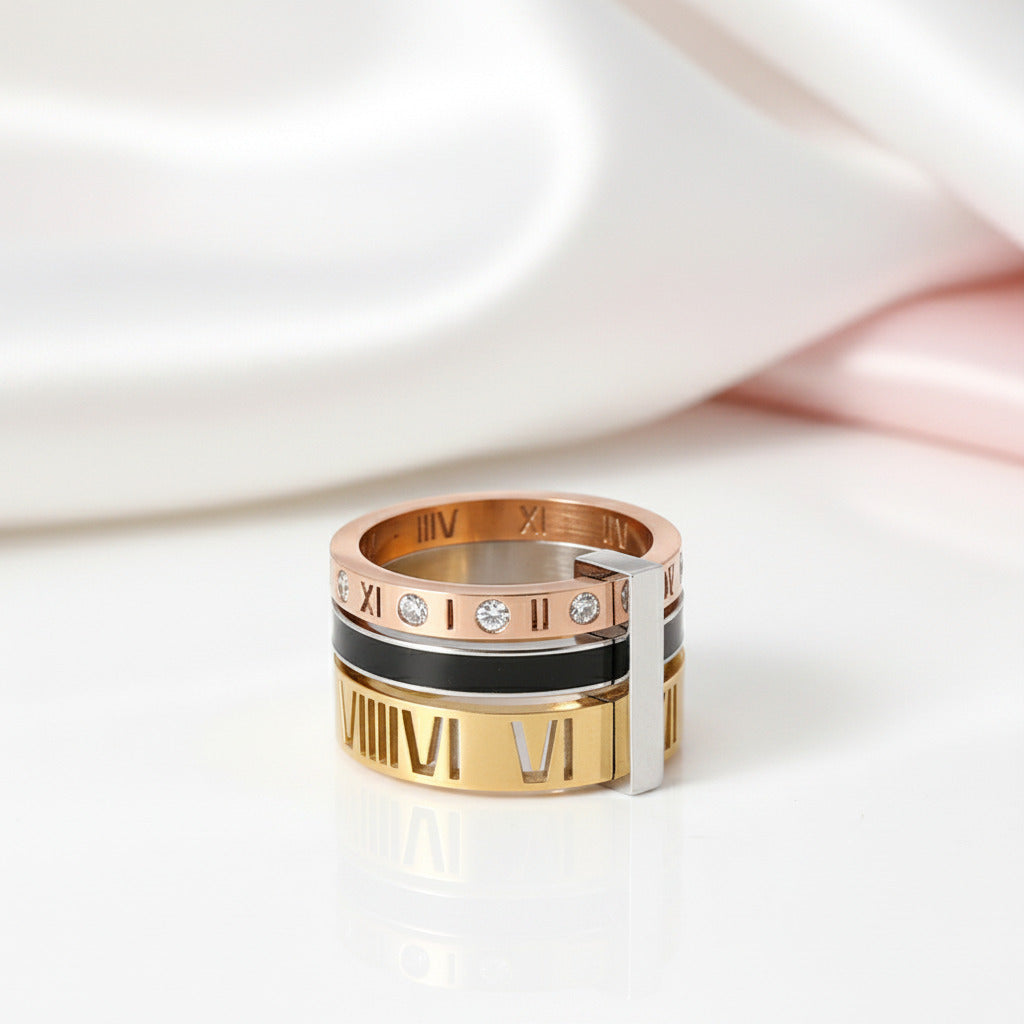 Three Layers Roman Numerals Diamond Option Ring Set-Black Diamonds New York