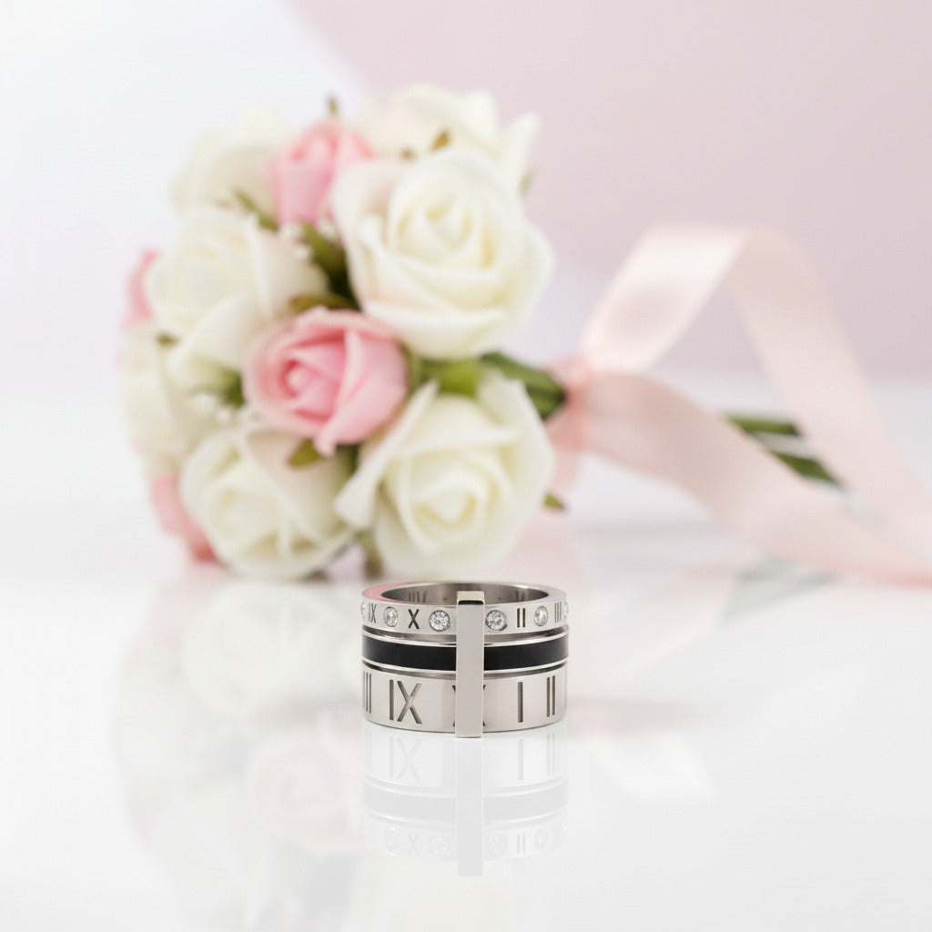 Three Layers Roman Numerals Diamond Option Ring Set-Black Diamonds New York