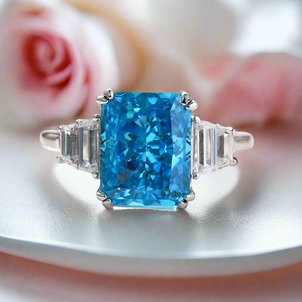 Three Stone Aquamarine Blue Radiant Cut Engagement Ring-Black Diamonds New York