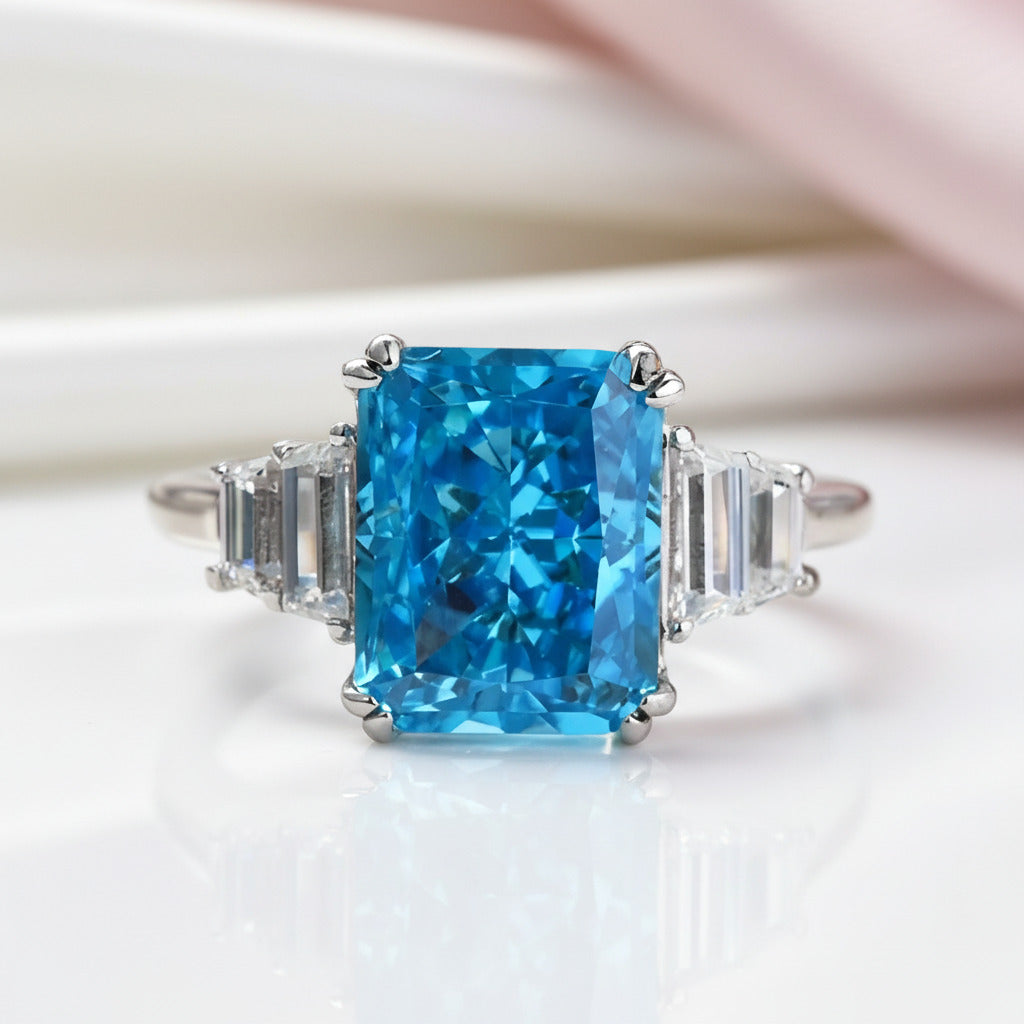 Three Stone Aquamarine Blue Radiant Cut Engagement Ring-Black Diamonds New York