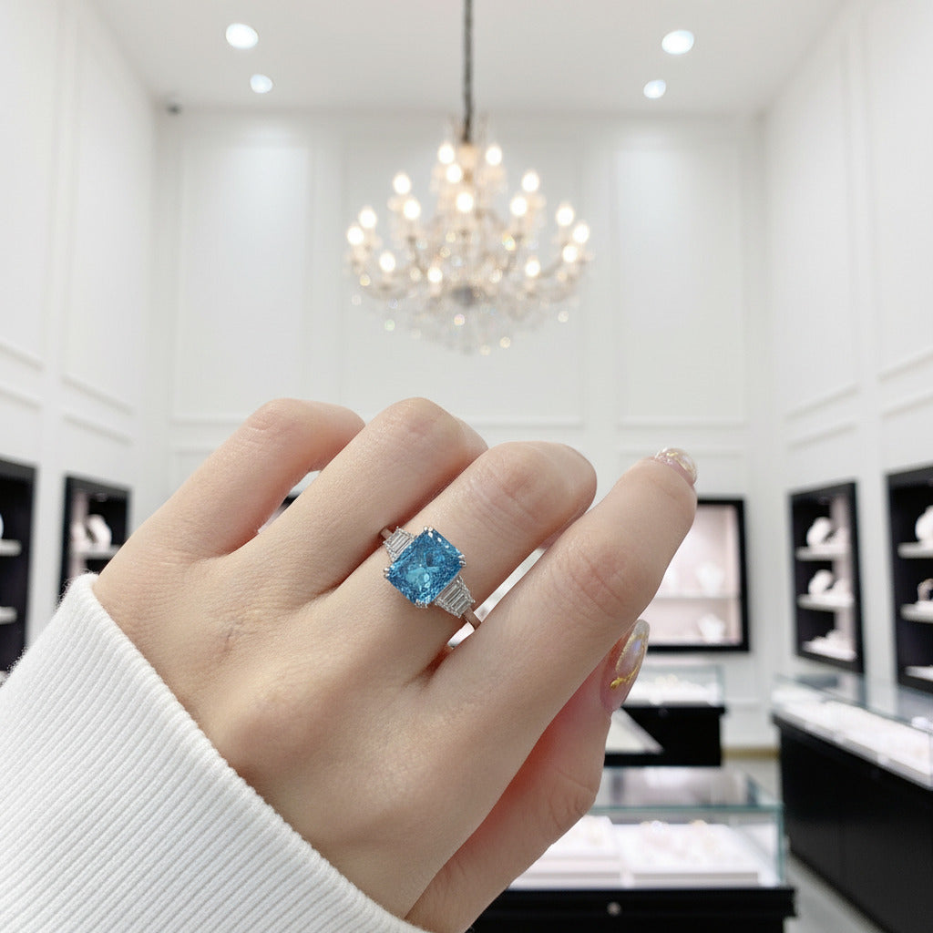 Three Stone Aquamarine Blue Radiant Cut Engagement Ring-Black Diamonds New York