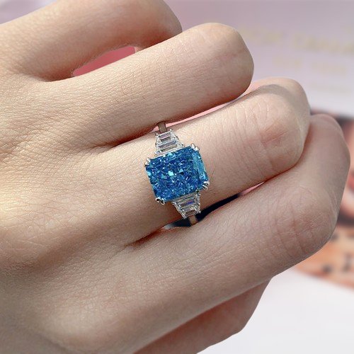 Three Stone Aquamarine Blue Radiant Cut Engagement Ring - Black Diamonds New York