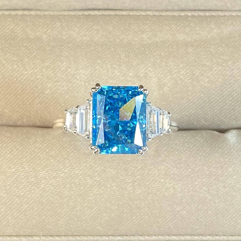 Three Stone Aquamarine Blue Radiant Cut Engagement Ring-Black Diamonds New York