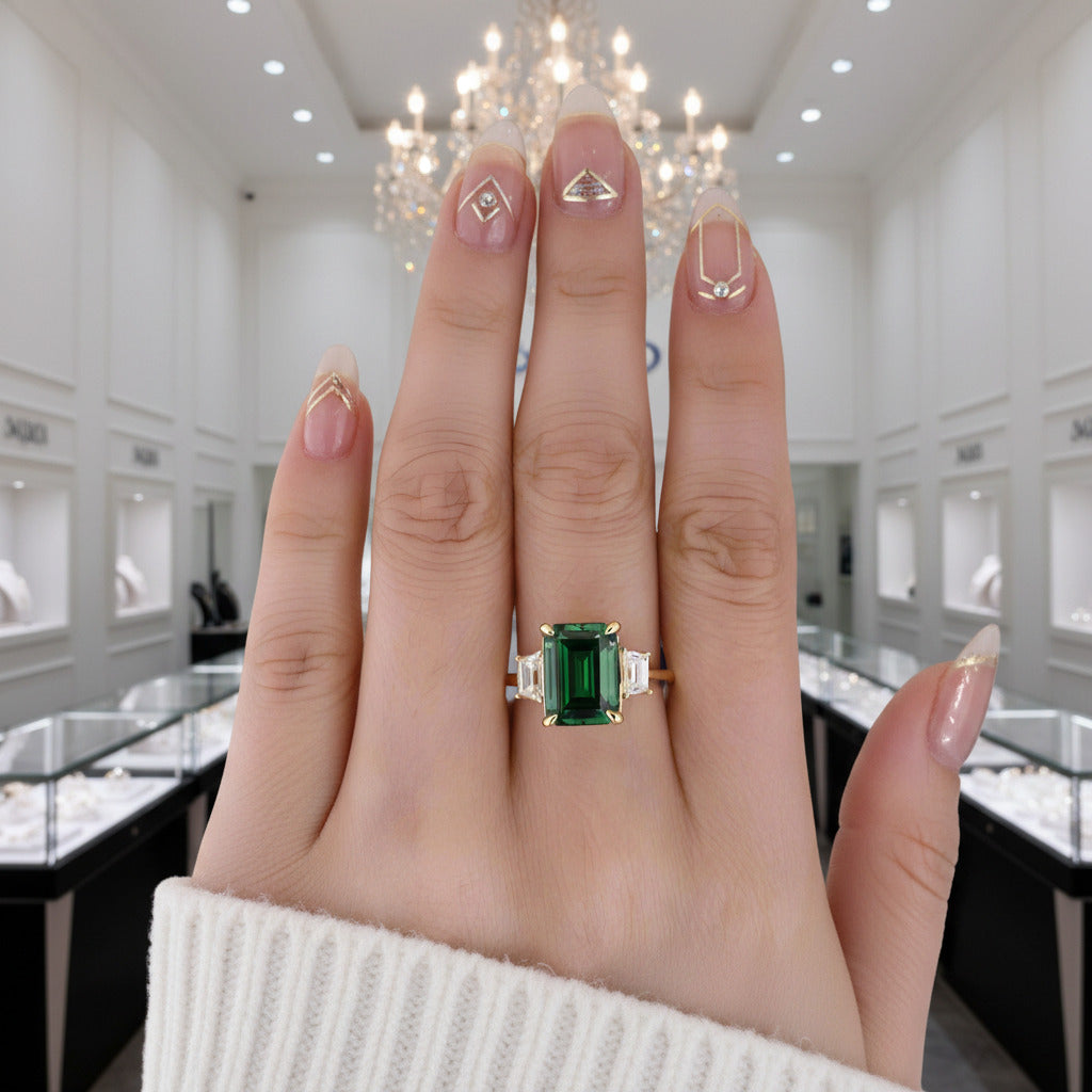 Three-Stone Emerald Green Engagement Ring 925 Silver+Yellow Gold/ Simulated Diamond / 10 Three-Stone Emerald Green Engagement Ring 925 Silver+Yellow Gold/ Simulated Diamond / 10
