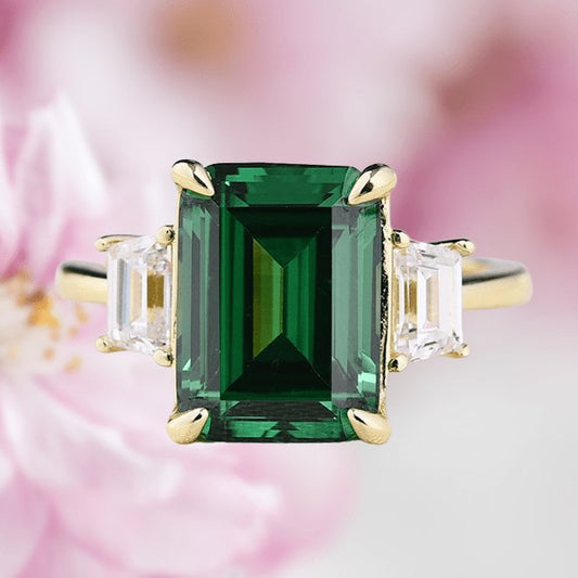 Three Stone Emerald Green Emerald Cut Engagement Ring - Black Diamonds New York