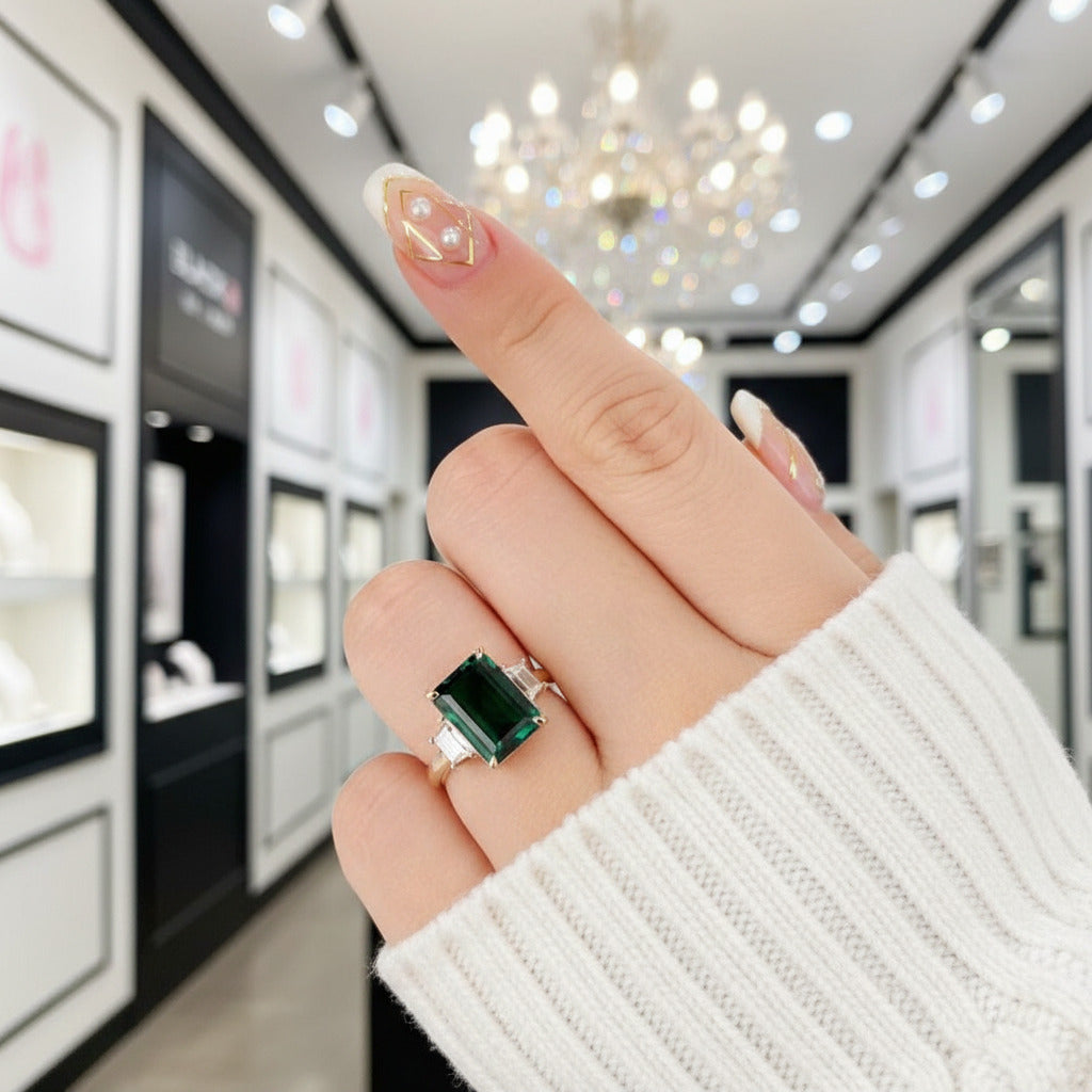 Three-Stone Emerald Green Engagement Ring-Black Diamonds New York