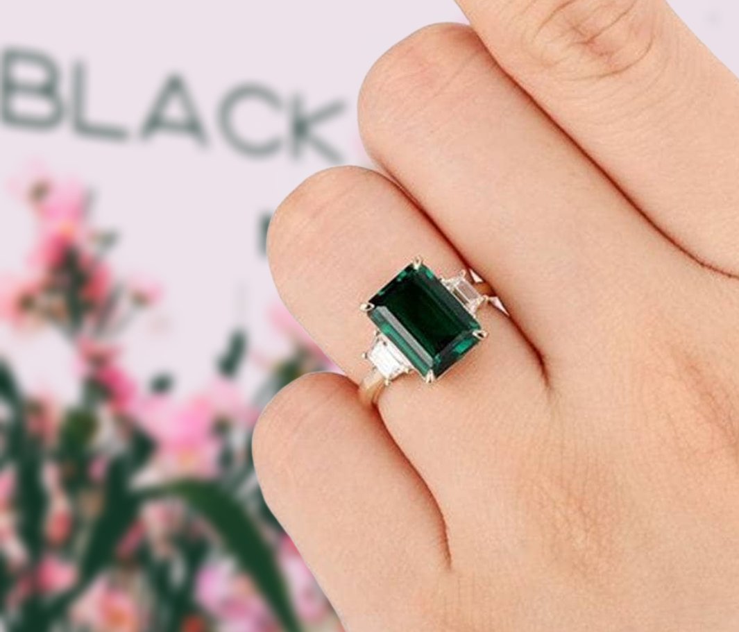 Three-Stone Emerald Green Engagement Ring-Black Diamonds New York