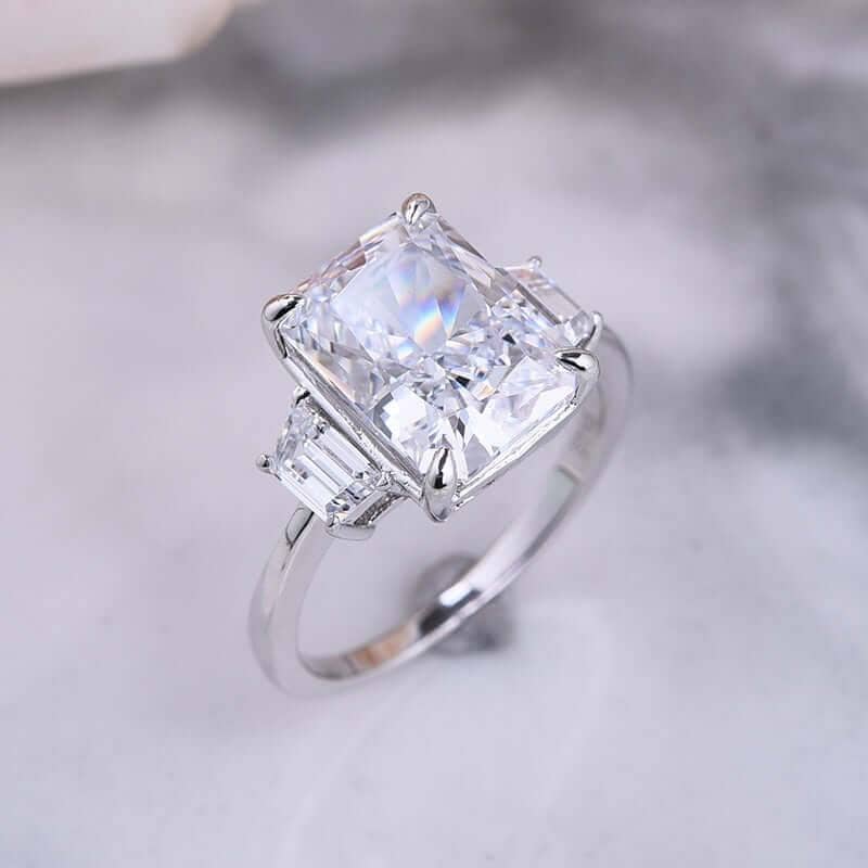 Three Stone Radiant Cut Certified Moissanite Engagement Ring - Black Diamonds New York