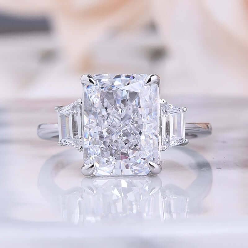 Three Stone Radiant Cut Certified Moissanite Engagement Ring-Black Diamonds New York