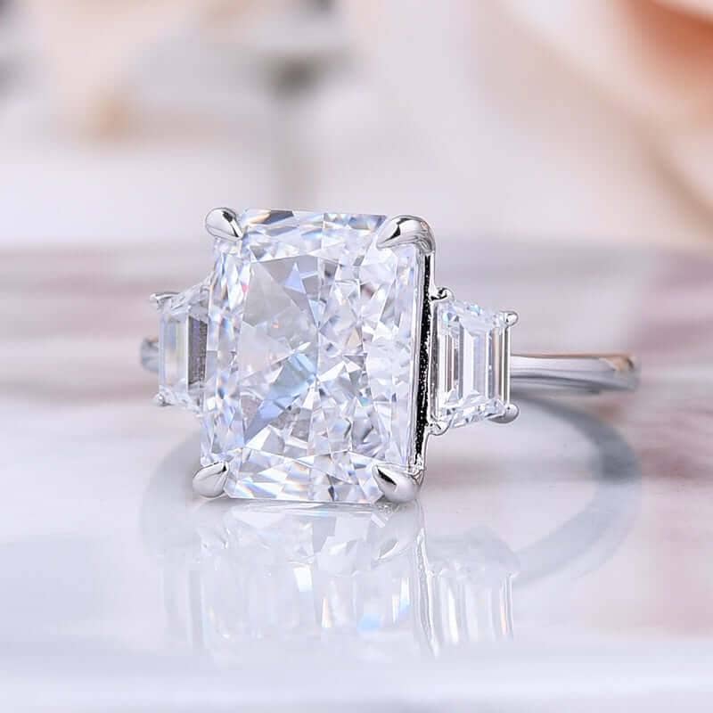 Three Stone Radiant Cut Certified Moissanite Engagement Ring - Black Diamonds New York