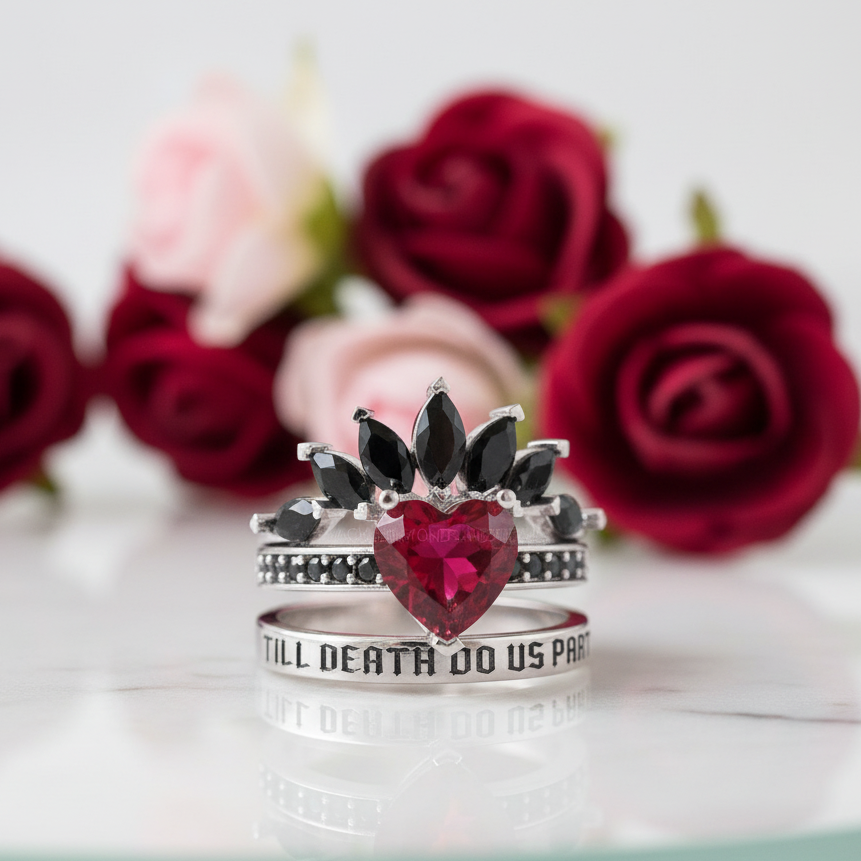 Till Death Do Us Part- 1.5 Carat Heart Created Diamond Wedding Ring Set-Black Diamonds New York