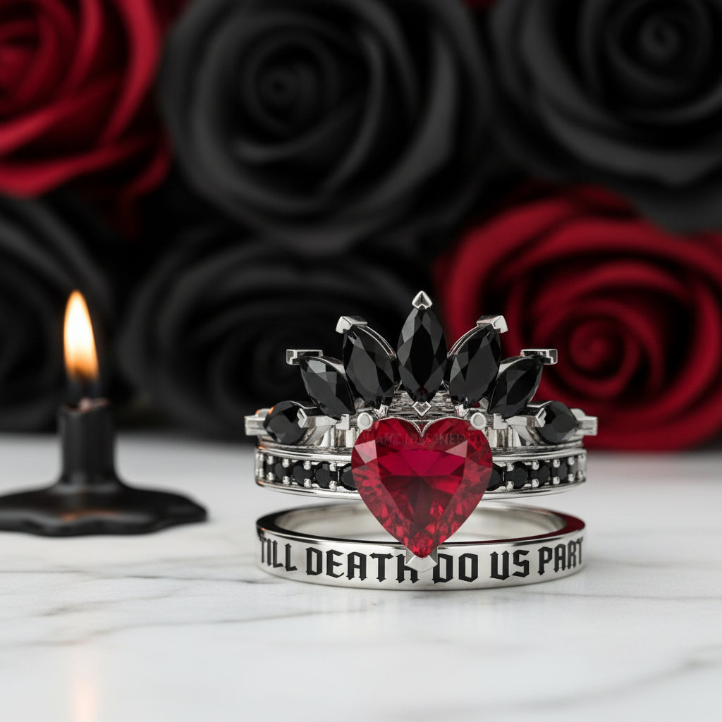 Till Death Do Us Part- 1.5 Carat Heart Created Diamond Wedding Ring Set-Black Diamonds New York