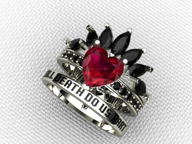 Till Death Do Us Part- 1.5 Carat Heart Created Diamond Wedding Ring Set-Black Diamonds New York