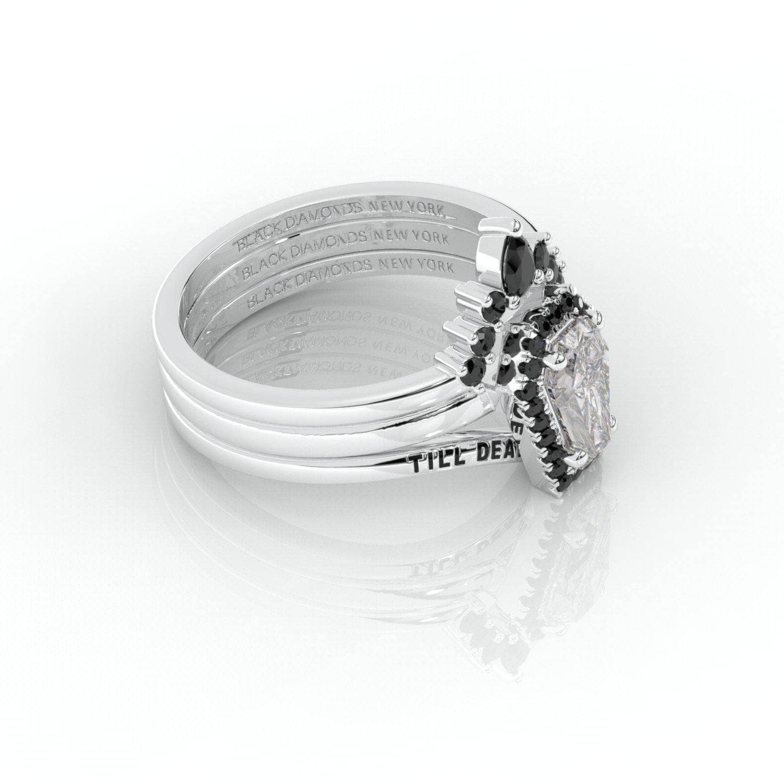 Till Death Do Us Part Rings- Rare Coffin Cut Moissanite 14k White Gold Ring Set-Black Diamonds New York