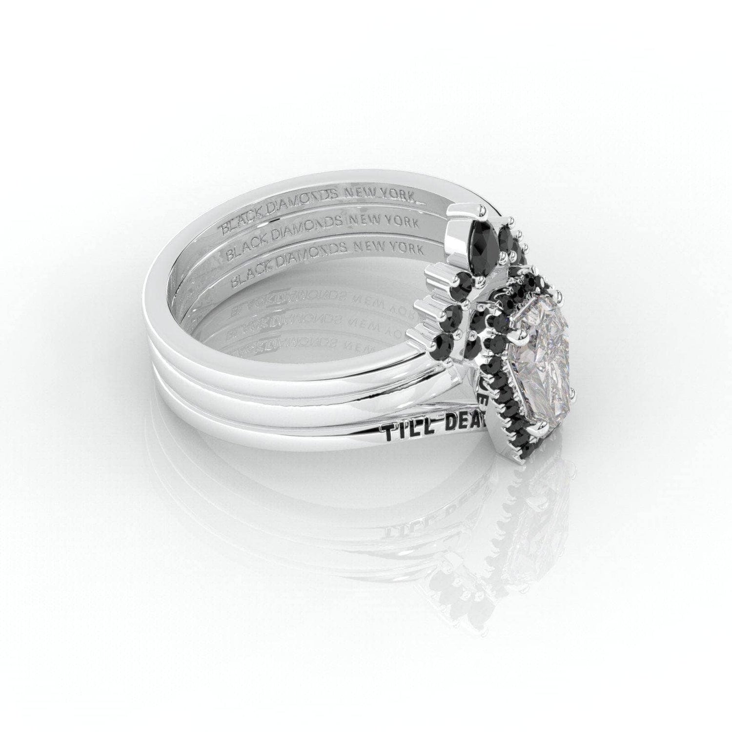 Till Death Do Us Part Rings- Rare Coffin Cut Moissanite 14k White Gold Ring Set-Black Diamonds New York