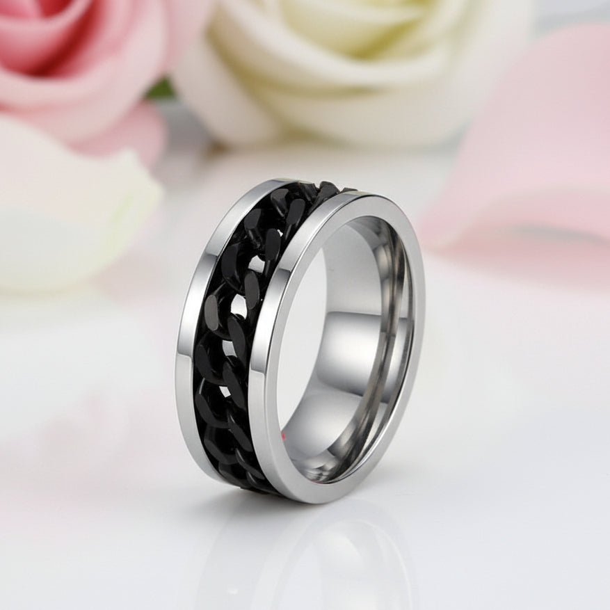 Titanium Stainless Steel Black Chain Spinner Ring-Black Diamonds New York