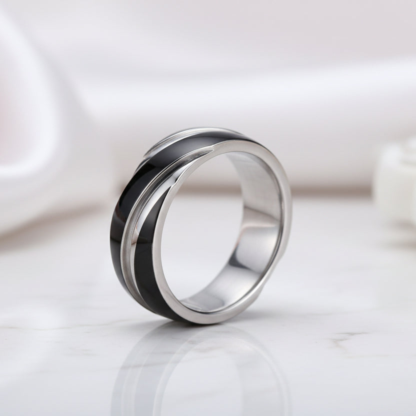 Titanium Steel Ring Band-Black Diamonds New York