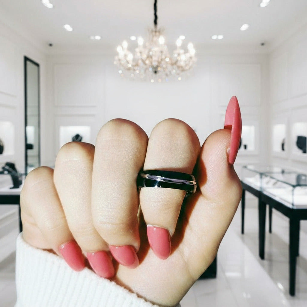 Titanium Steel Ring Band-Black Diamonds New York