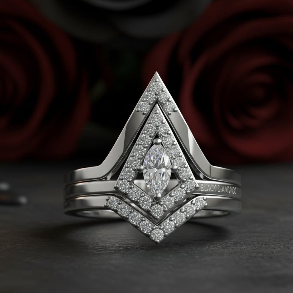 Together We Fly- Kite Shape Pear Diamond Promise Ring Set-Black Diamonds New York