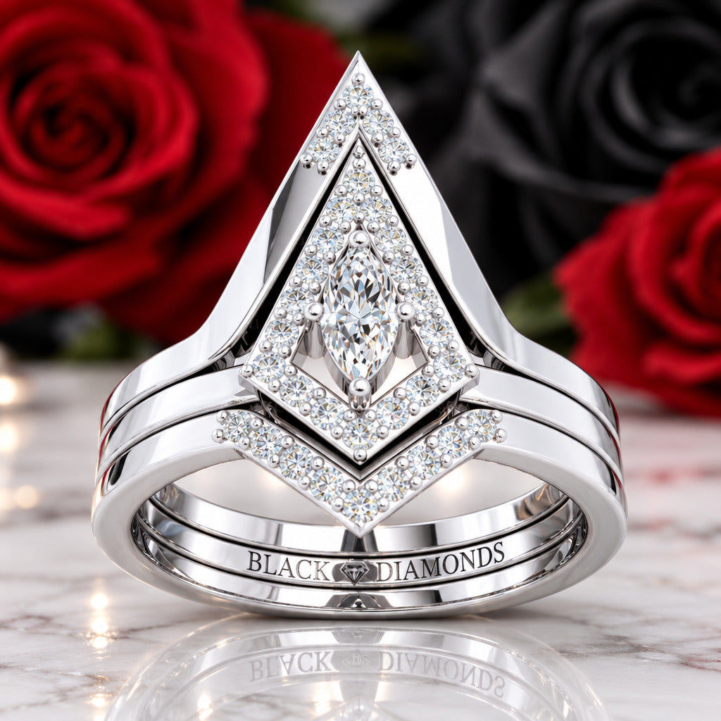 Together We Fly- Kite Shape Pear Diamond Option Promise Ring Set-Black Diamonds New York