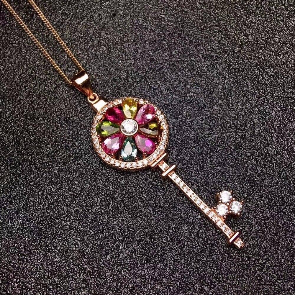 Tourmaline Gemstone Key Pendant Necklace-Black Diamonds New York
