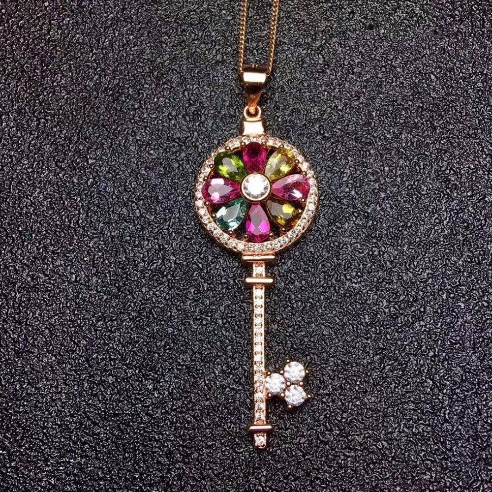 Tourmaline Gemstone Key Pendant Necklace-Black Diamonds New York