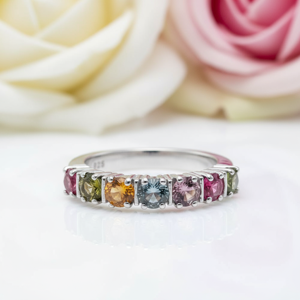 Round Tourmaline Half Eternity Stackable Ring Band-Black Diamonds New York