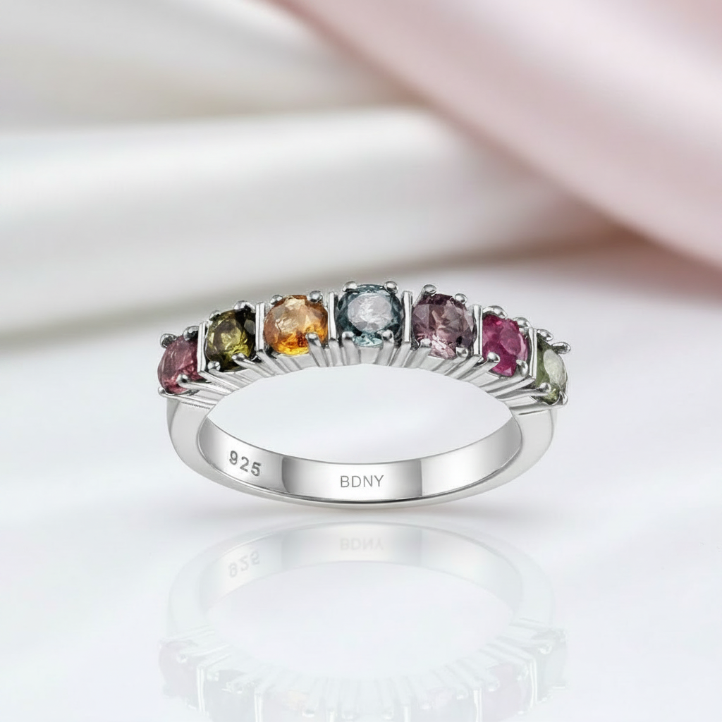Round Tourmaline Half Eternity Stackable Ring Band-Black Diamonds New York