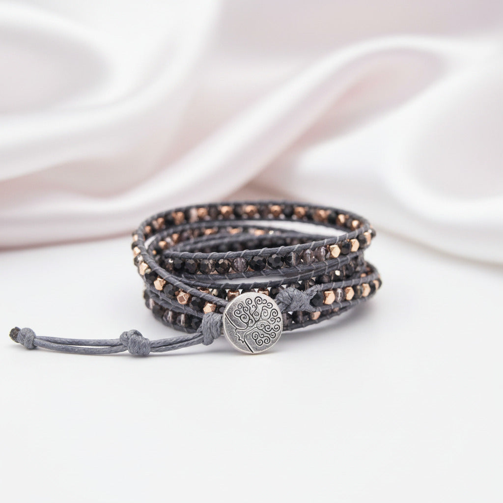 Tree of Life Boho Beads and Black Crystal 5 Wraps Bracelet-Black Diamonds New York