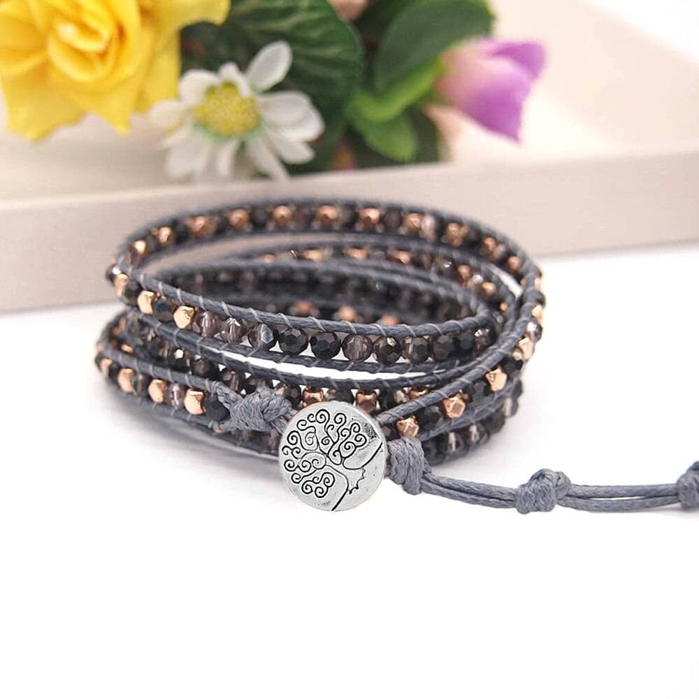 Tree of Life Boho Beads and Black Crystal 5 Wraps Bracelet