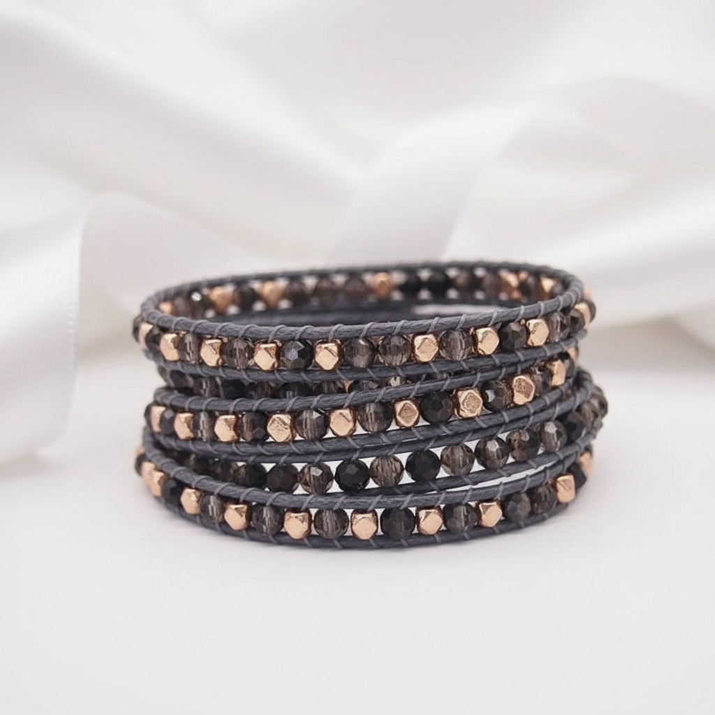 Tree of Life Boho Beads and Black Crystal 5 Wraps Bracelet-Black Diamonds New York