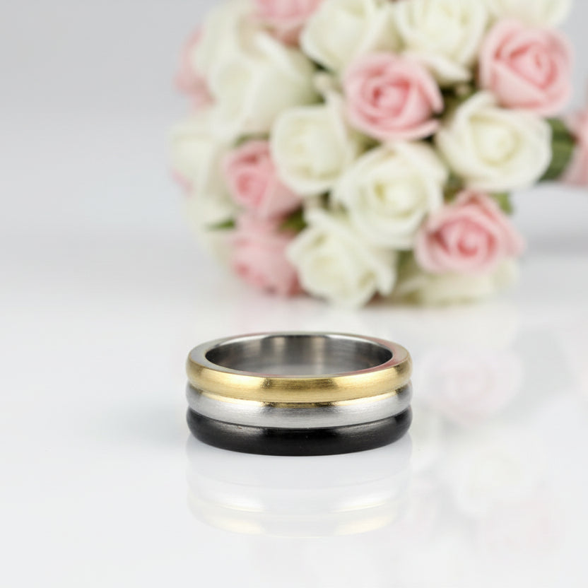 Tri Tone Stainless Steel Men's Ring Band-Black Diamonds New York