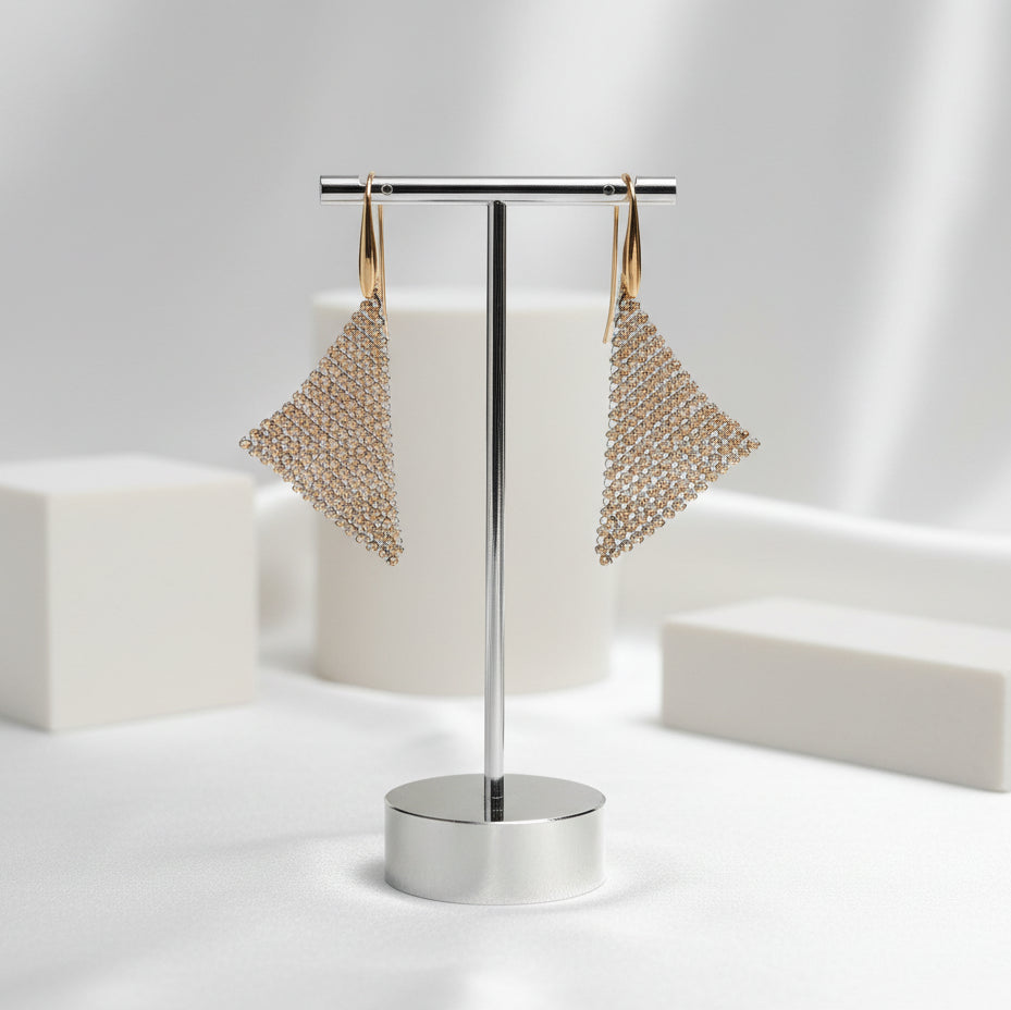 Triangular Shaped Mesh Shimmering Diamond Earrings-Black Diamonds New York