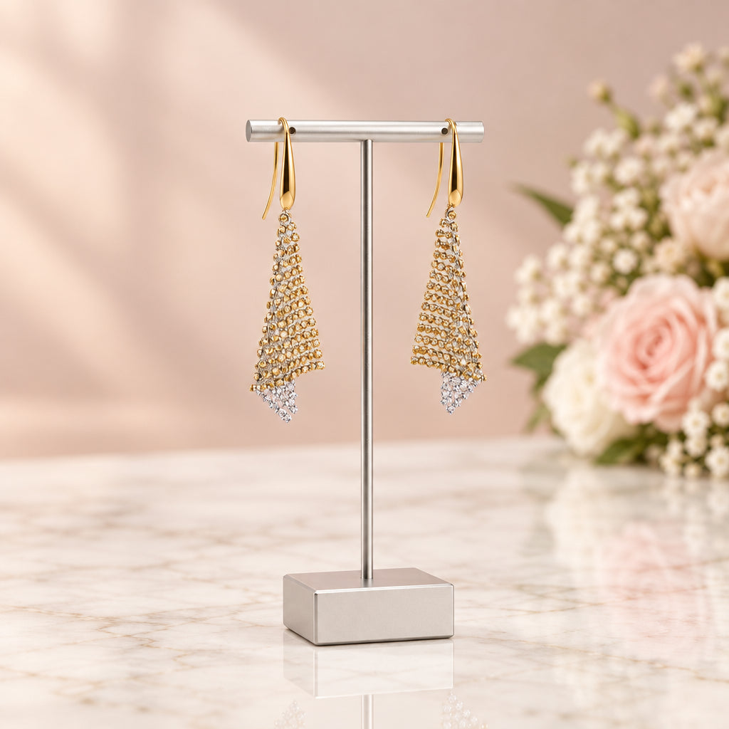 Triangular Shaped Mesh Shimmering Diamond Option Earrings-Black Diamonds New York