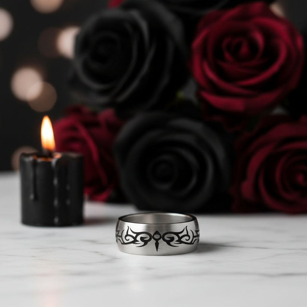 Tribal Design Gothic Men's Ring Band-Black Diamonds New York