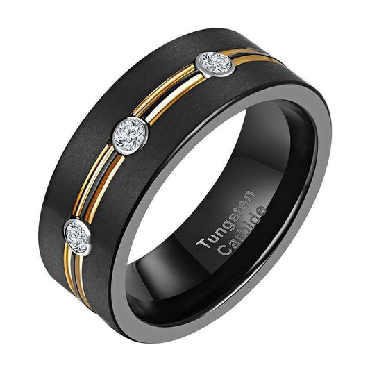 Tungsten Carbide Created Diamond Double Gold Lines Ring Band-Black Diamonds New York