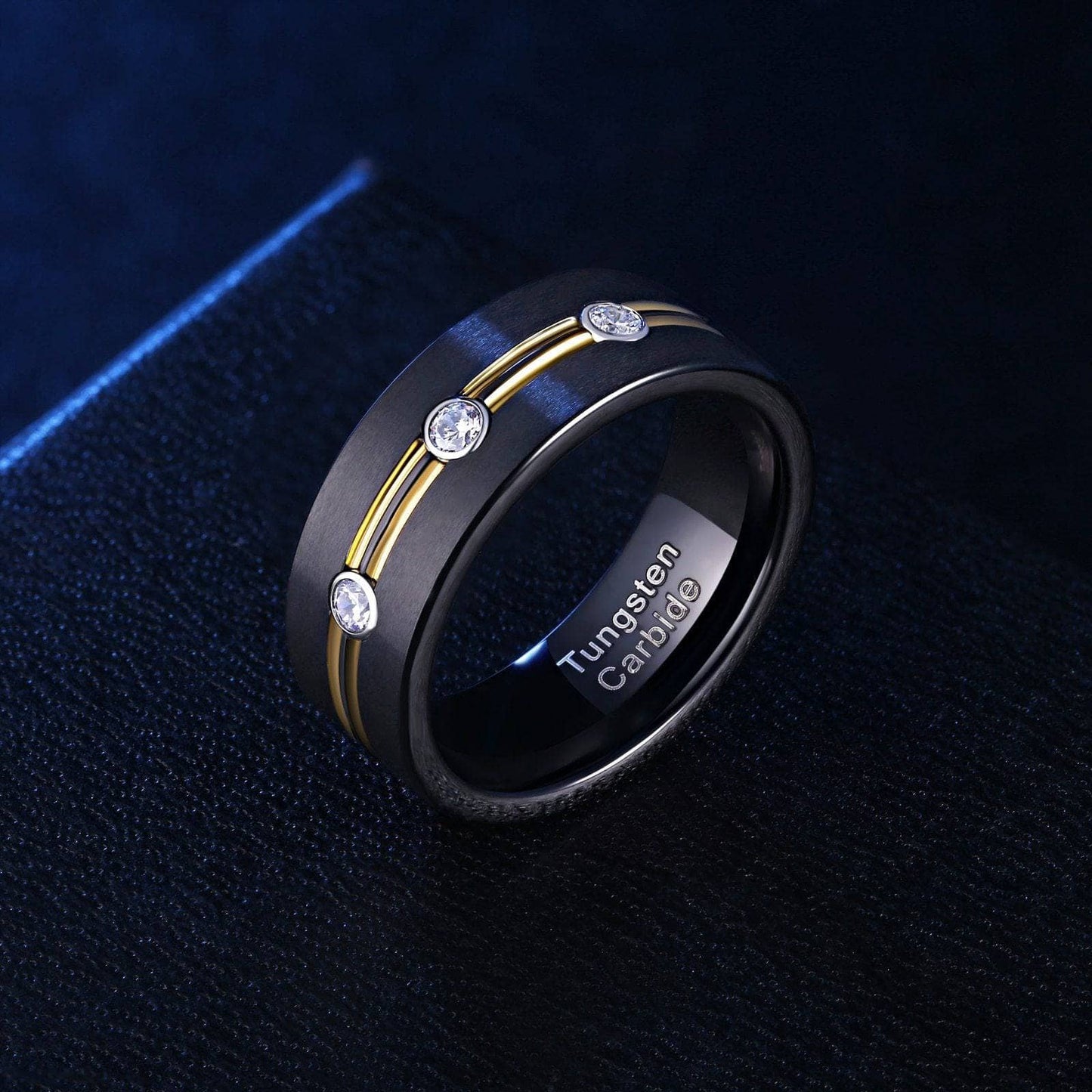Tungsten Carbide AAA Zircons Double Gold Lines Ring Band
