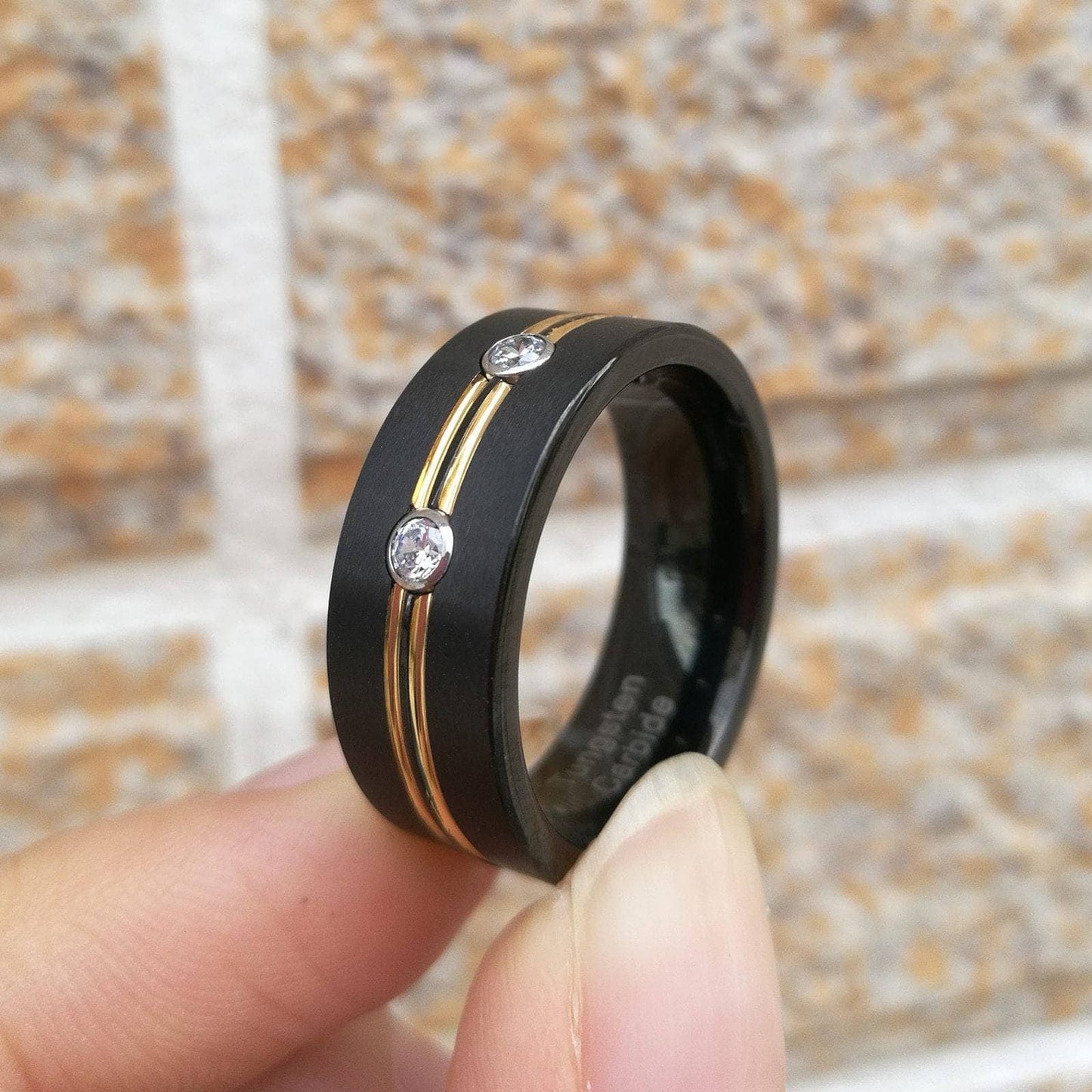 Tungsten Carbide EVN Stone Double Gold Lines Ring Band-Black Diamonds New York